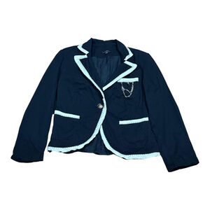 Vex Collection Blazer Womens 34 Navy Blue White Trim Chain Pocket Preppy Jacket